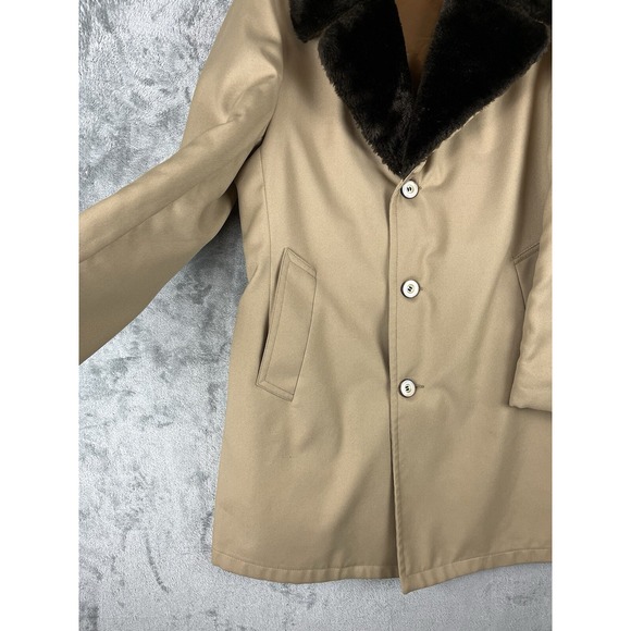 Vintage 1970s Sears Best Overcoat Mens 42 Beige Faux Fur Lined Long Button Front - Picture 3 of 16